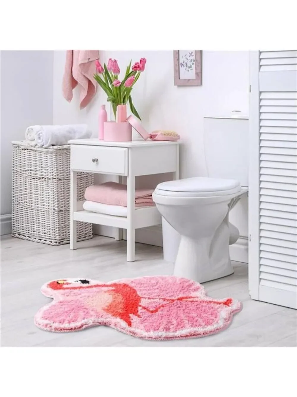 Pink Flamingo Palm Bath Mat Tropical Tufted Non Slip Bathroom Rug Soft Floor Dec